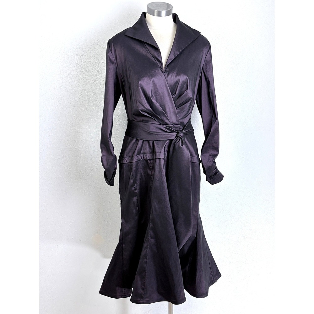 Tadashi Collection 14 Dark Purple Satin Wrap Midi Dress Ruched Cuffs